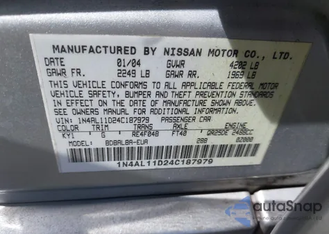 2004 Nissan Altima 2.5 S z USA, uszkodzony, nr VIN 1N4AL11D24C187979